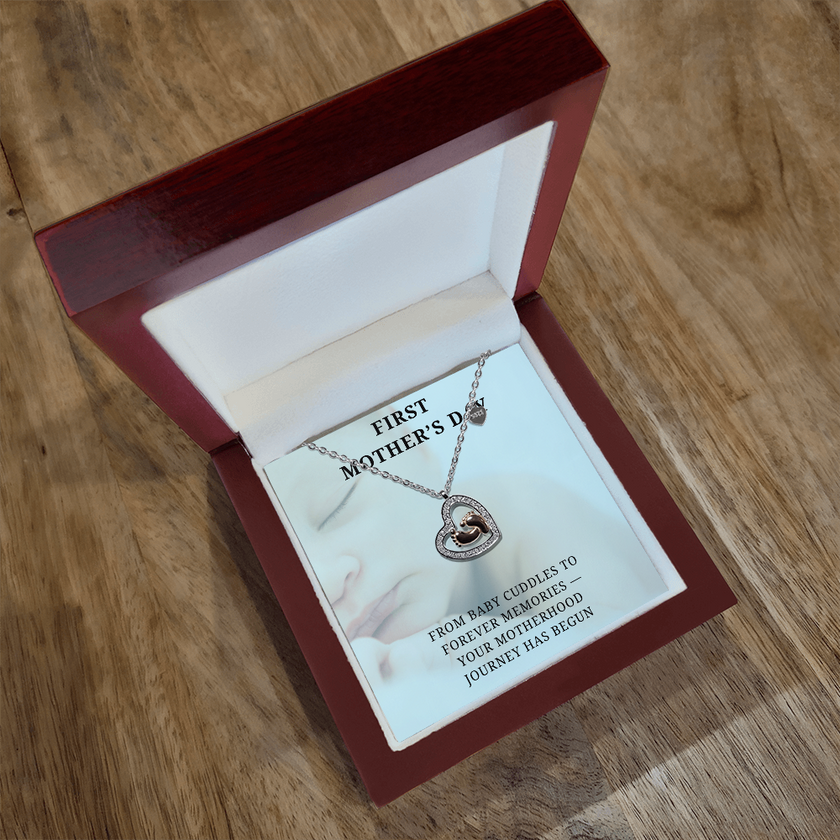 New Mom, New Love – First Mother's Day Heart Necklacen with babies feet in center