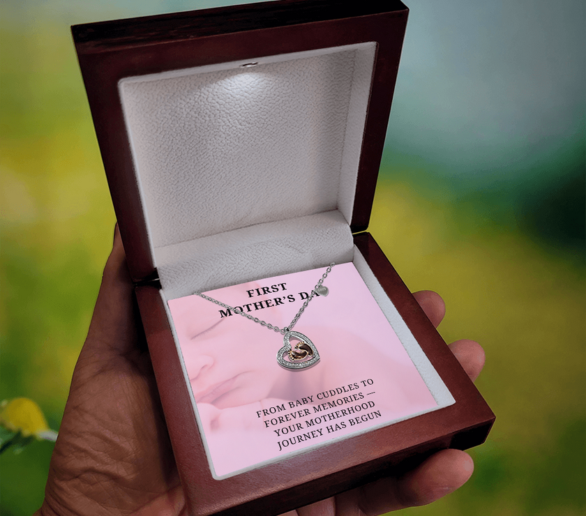 New Mom, New Love – First Mother's Day Heart Necklace with babies feet in center