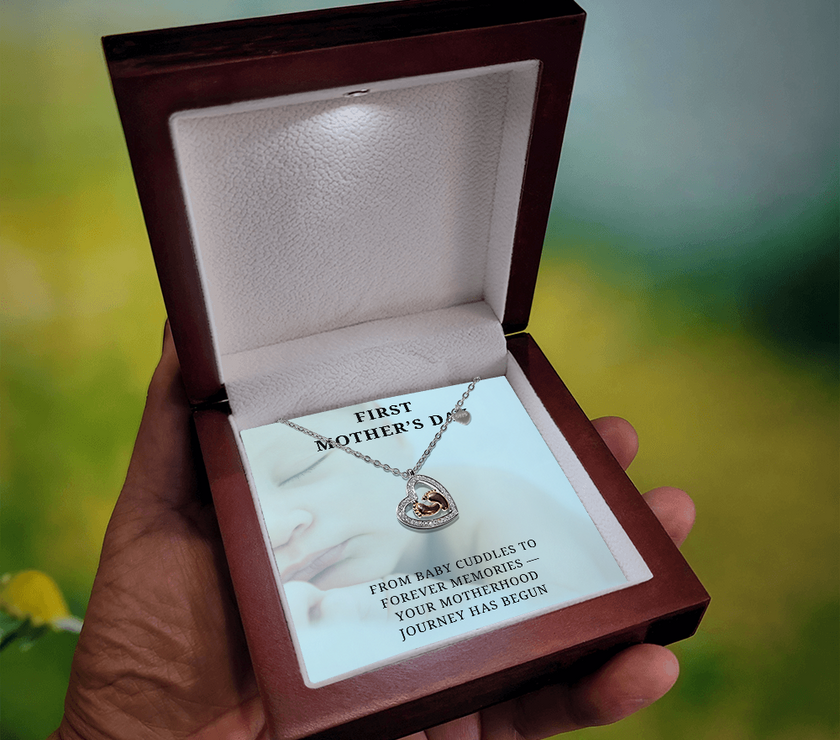 New Mom, New Love – First Mother's Day Heart Necklacen with babies feet in center