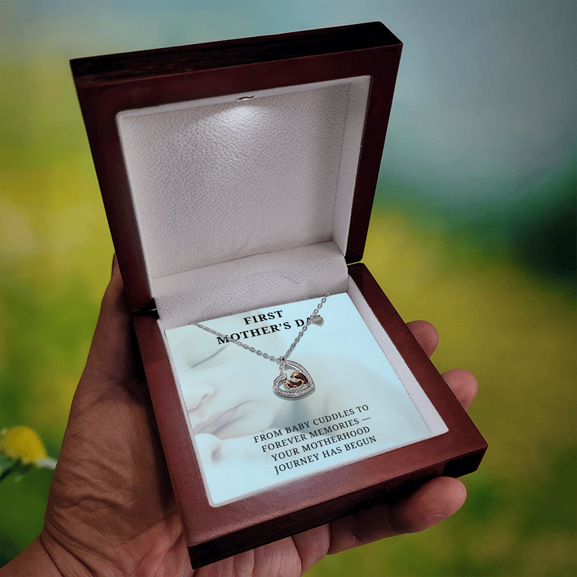New Mom, New Love – First Mother's Day Heart Necklacen with babies feet in center
