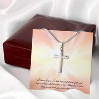 Coss necklace with Easter message “Because of you, I have learned that love, faith, and hope are the greatest treasures in life. May this Easter bring you as much joy as you have given me.”