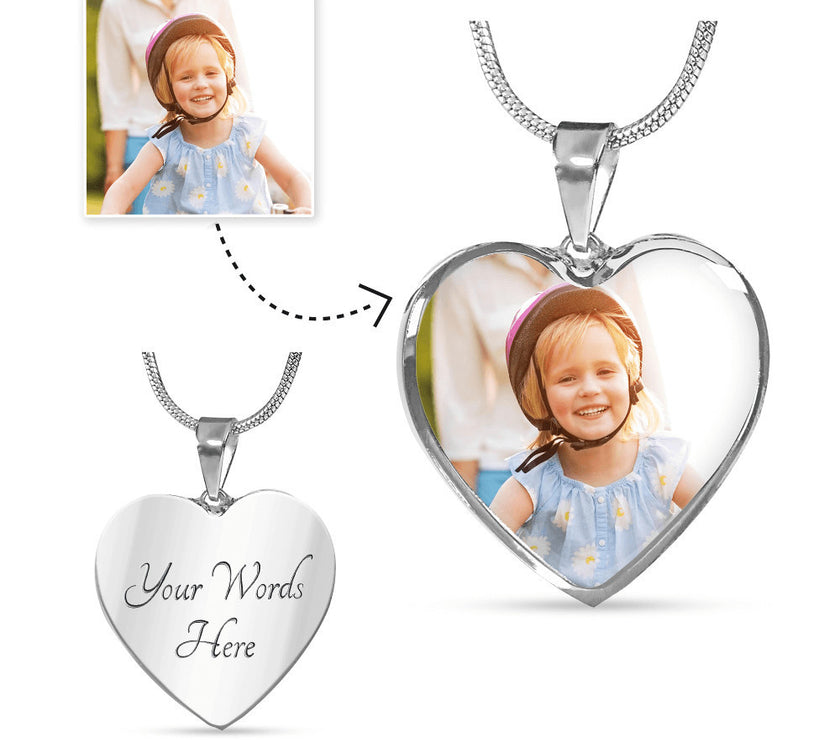 Custom Photo Necklace for Mom – Heart Pendant with Tulip Card that says "Thank you for every hug, every word, and every quiet moment.  Happy Mother's Day, With all my Heart"