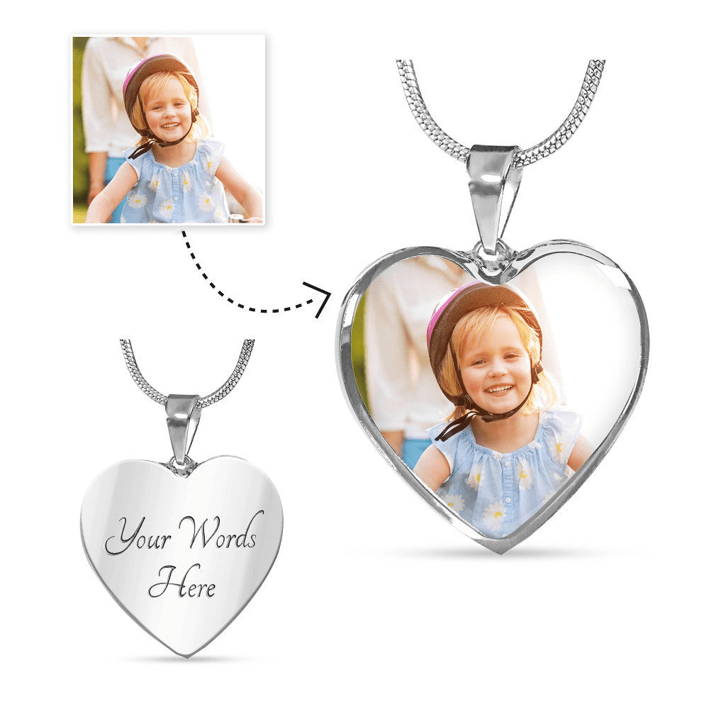 Custom Photo Necklace for Mom – Heart Pendant with Tulip Card that says "Thank you for every hug, every word, and every quiet moment.  Happy Mother's Day, With all my Heart"