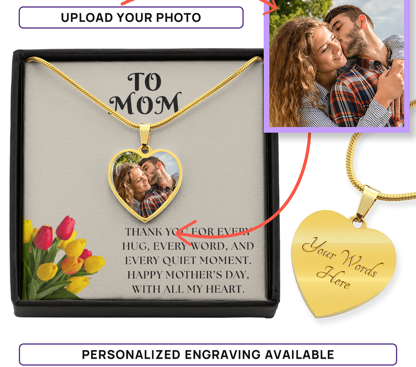 Custom Photo Necklace for Mom – Heart Pendant with Tulip Card that says "Thank you for every hug, every word, and every quiet moment.  Happy Mother's Day, With all my Heart"