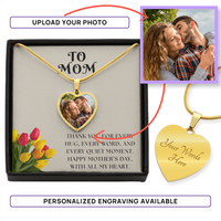 Custom Photo Necklace for Mom – Heart Pendant with Tulip Card that says "Thank you for every hug, every word, and every quiet moment.  Happy Mother's Day, With all my Heart"
