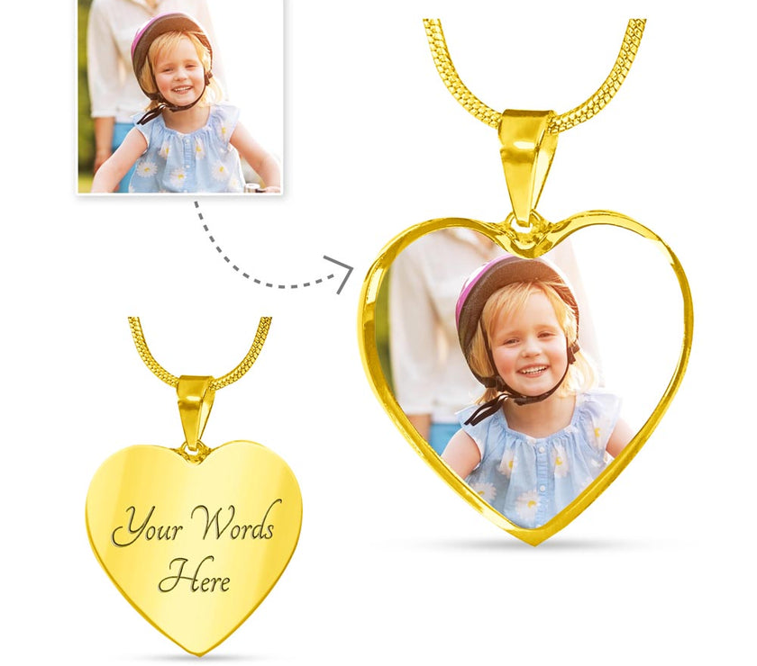 Custom Photo Necklace for Mom – Heart Pendant with Tulip Card that says "Thank you for every hug, every word, and every quiet moment.  Happy Mother's Day, With all my Heart"