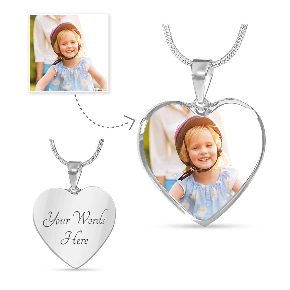 A custom photo heart necklace with an 18k gold finish option, featuring a personalized engraving of a child's photo on the heart-shaped pendant. The necklace is displayed in two styles, as a necklace and as a bangle.