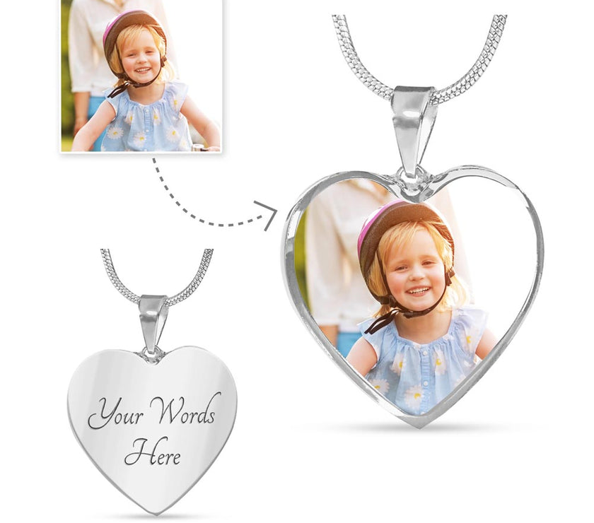 A custom photo heart necklace with an 18k gold finish option, featuring a personalized engraving of a child's photo on the heart-shaped pendant. The necklace is displayed in two styles, as a necklace and as a bangle.