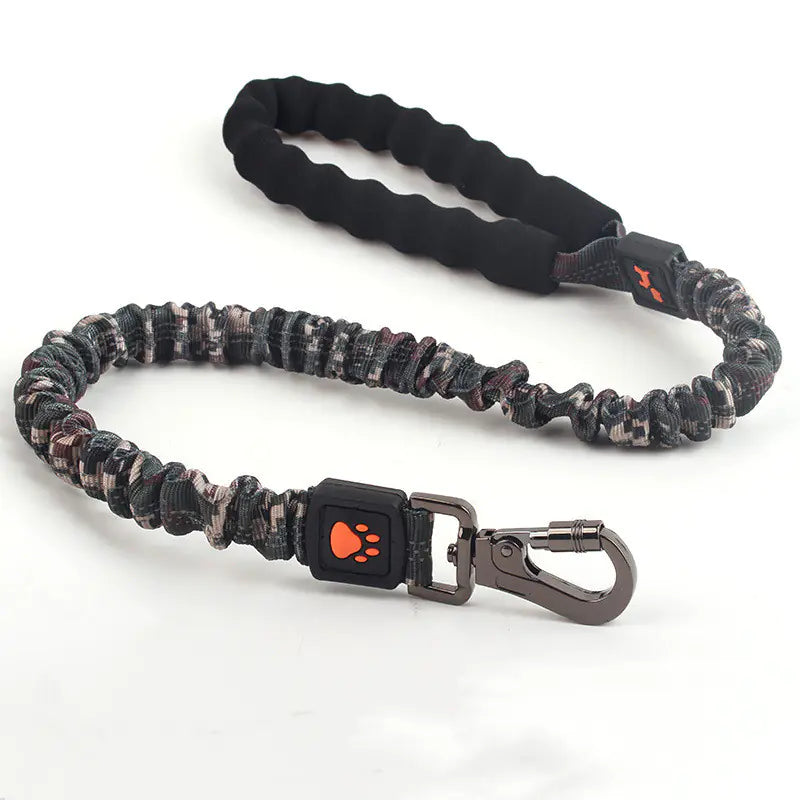 Dog leash with camouflage pattern and carabiner on a white background