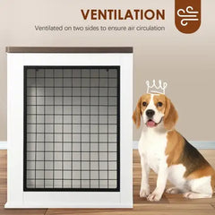 Pet door with ventilation feature and a dog sitting next to it on a wooden floor.