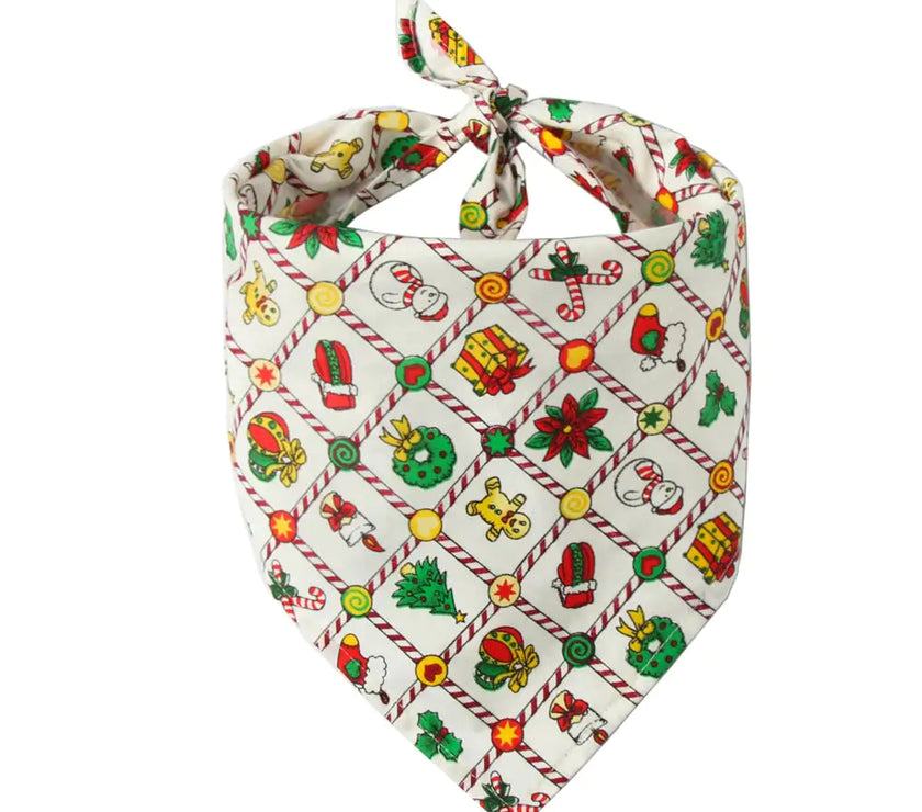 Colorful Christmas-themed bandana with candy cane pattern on a white background
