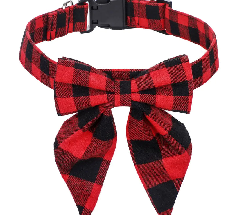Red and black checkered bow tie on a white background