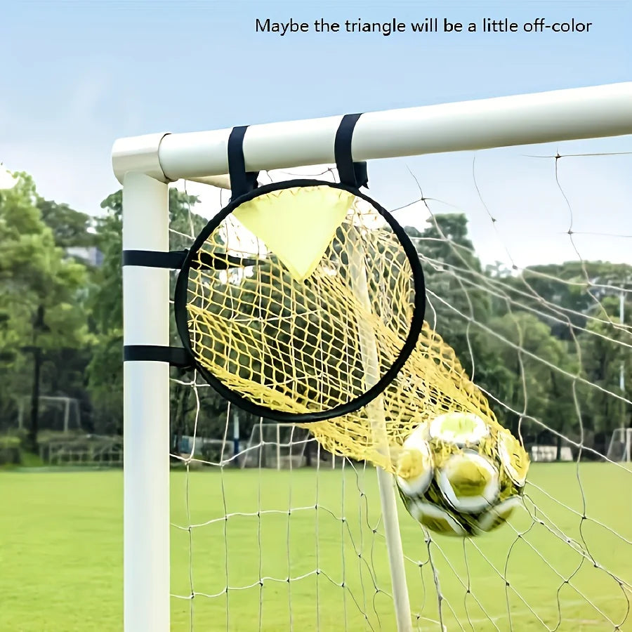 Yellow soccer ball inside a goal net with a clear sky and trees in the background