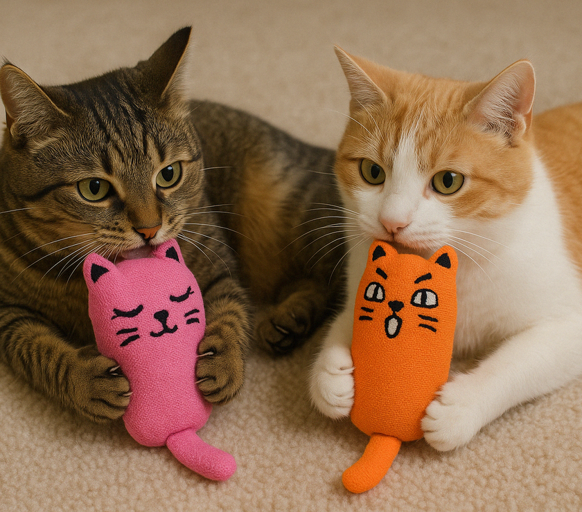 Two cats playing with Rustle Sound Catnip Toys