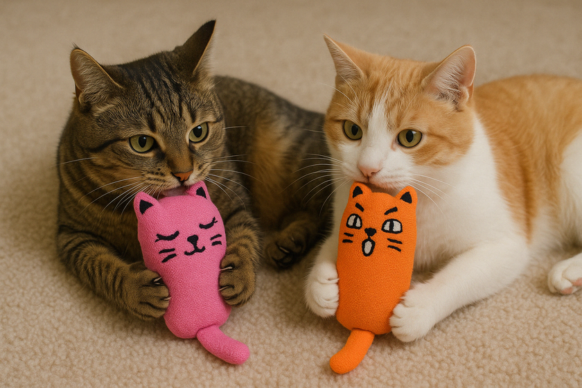 Two cats playing with Rustle Sound Catnip Toys