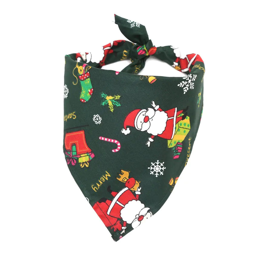 Christmas-themed bandana with Santa Claus and winter elements on a green background