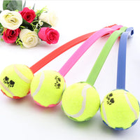 Four tennis balls with colorful handles on a white background with flowers.