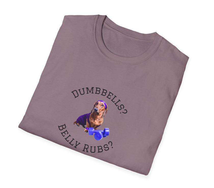 Paragon adult T-shirt with a printed image of a dog and the humorous text 'Dumbbells? Belly Rubs?', designed for dog lovers and fitness enthusiasts.  Folded