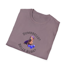 Paragon adult T-shirt with a printed image of a dog and the humorous text 'Dumbbells? Belly Rubs?', designed for dog lovers and fitness enthusiasts.  Folded
