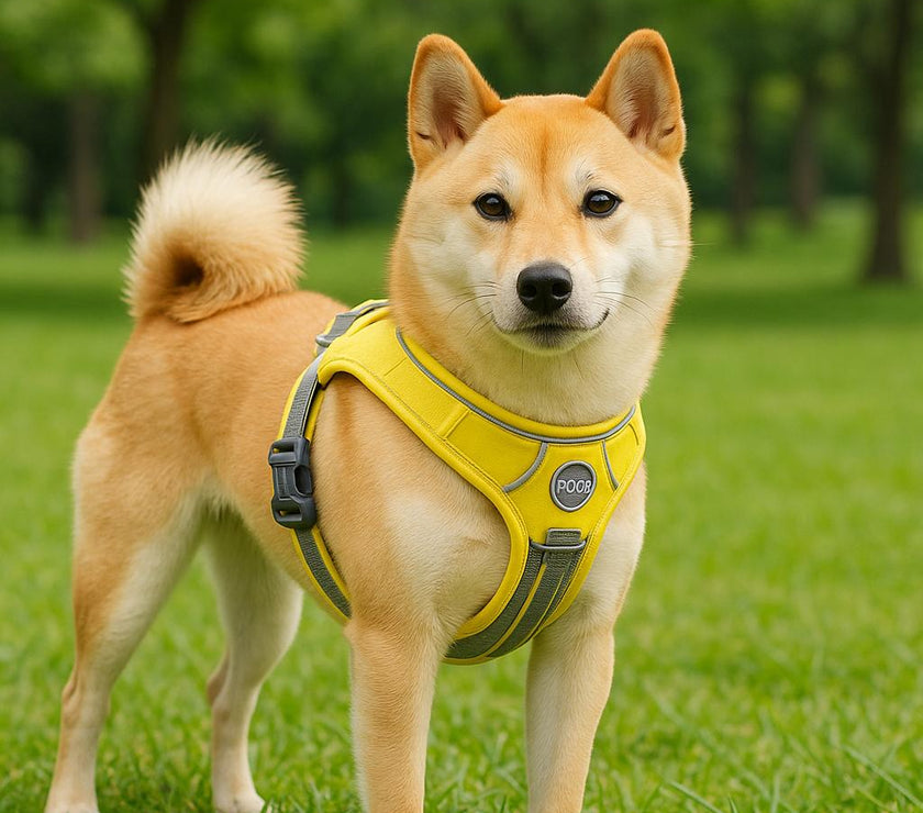 A Shiba Inu dog stands alert in a green park wearing a yellow and gray padded harness, with trees and grass softly blurred in the background.
