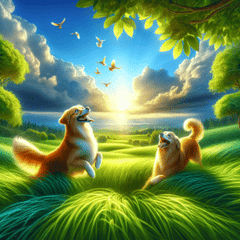 Two animated dogs playing in grass