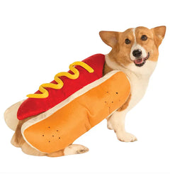 Dog wearing a hot dog costume with a white background