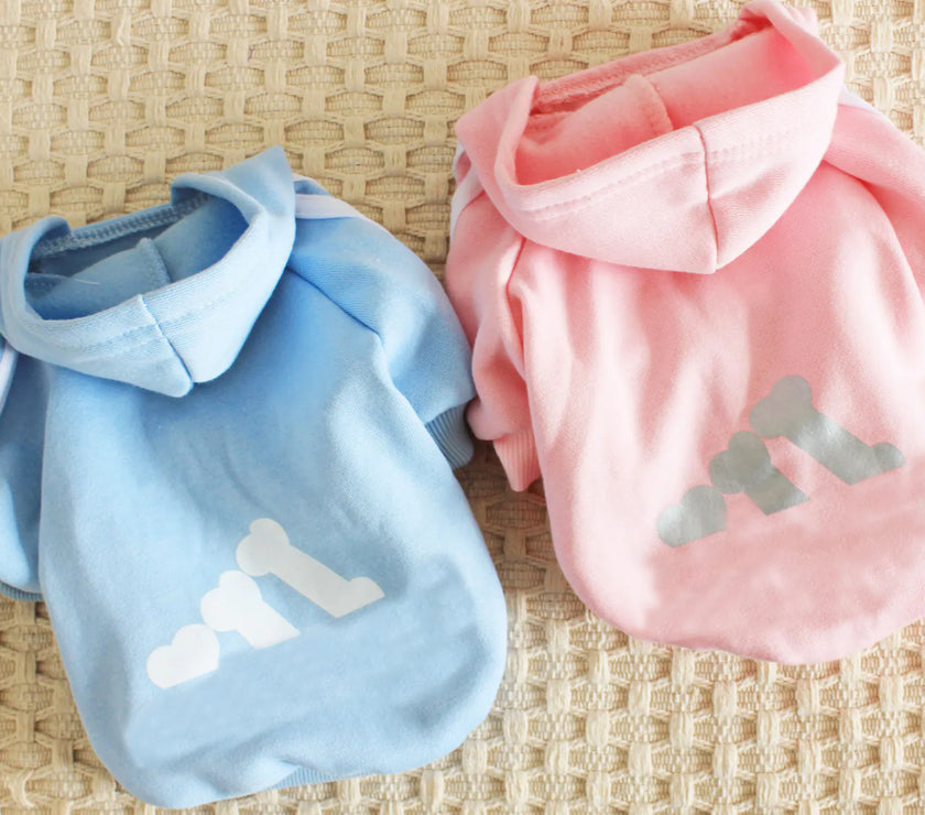 Blue and pink pet hoodies with paw print designs on a woven surface
