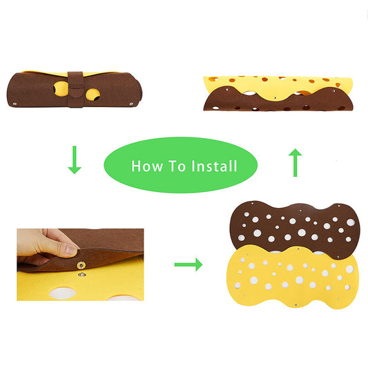 Step-by-step guide on how to install a decorative wall piece with brown, yellow, and white elements.