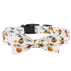 Dog collar with Halloween-themed design featuring pumpkins and text on a white background
