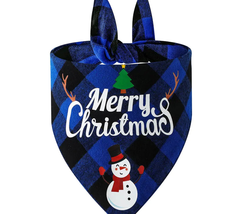 Blue and black plaid Christmas-themed dog bandana with snowman and tree design.