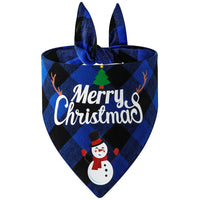 Blue and black plaid Christmas-themed dog bandana with snowman and tree design.