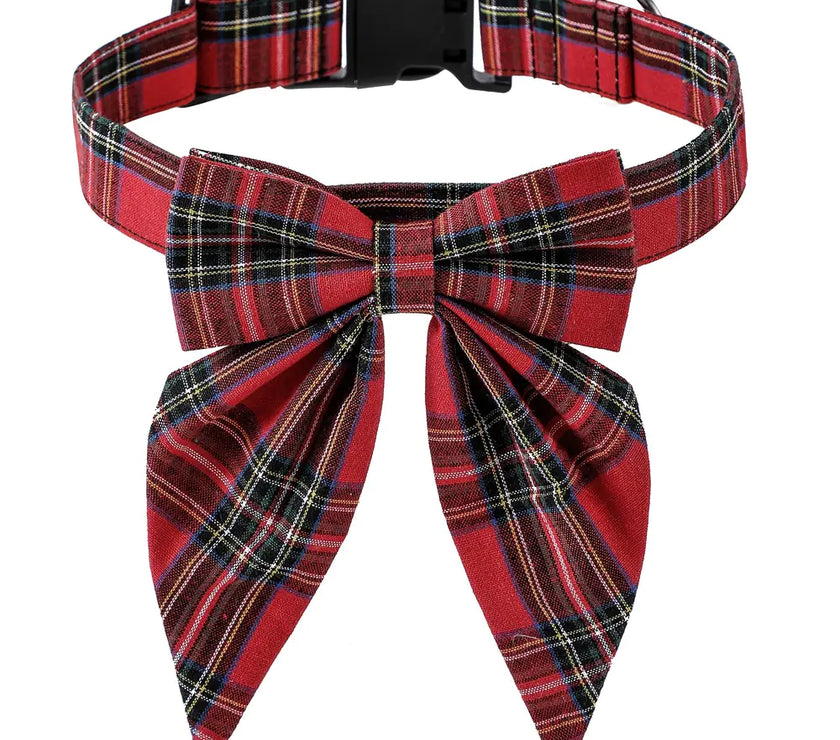 Red plaid dog collar with a large bow on a white background