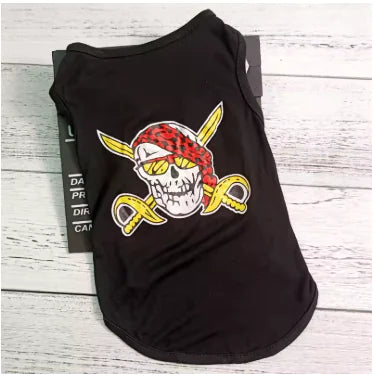 Black tank top with a skull and crossed swords design on a wooden surface