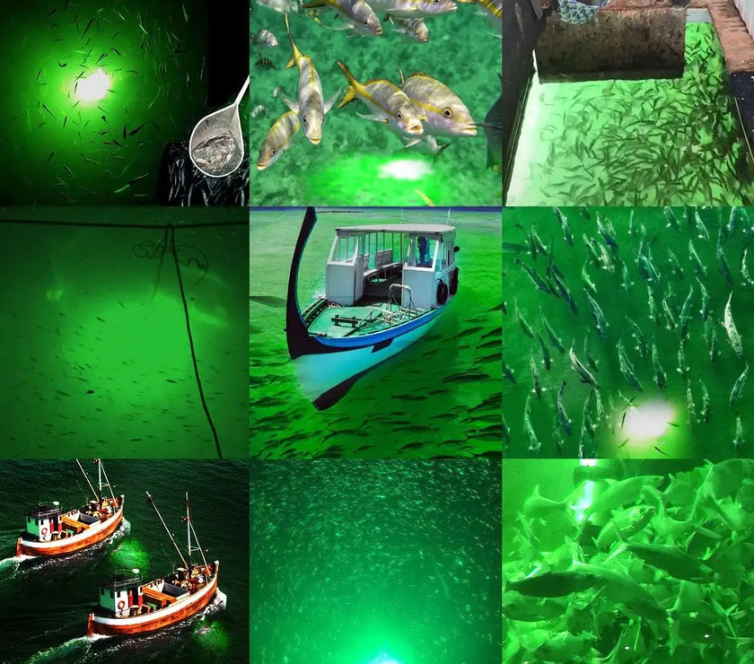 Underwater Night fishing light and fishing boats