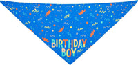 Blue bandana with colorful 'Birthday Boy' text and patterns on a white background