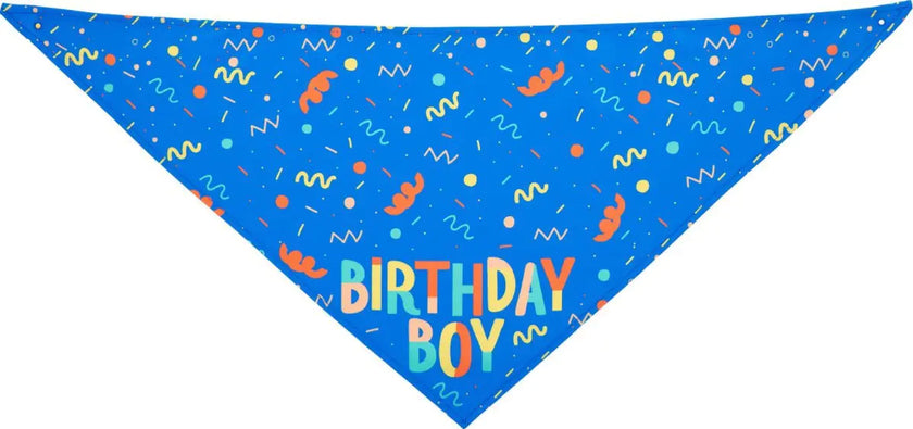 Blue bandana with colorful 'Birthday Boy' text and patterns on a white background