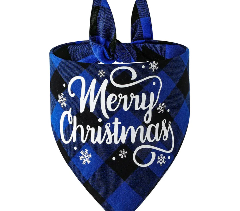 Blue and black checkered bandana with 'Merry Christmas' text and snowflakes on a white background