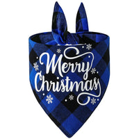 Blue and black checkered bandana with 'Merry Christmas' text and snowflakes on a white background