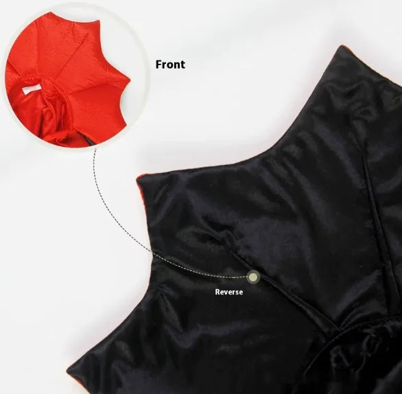 Black swimsuit with red lining, showing front and reverse sides on a white background.