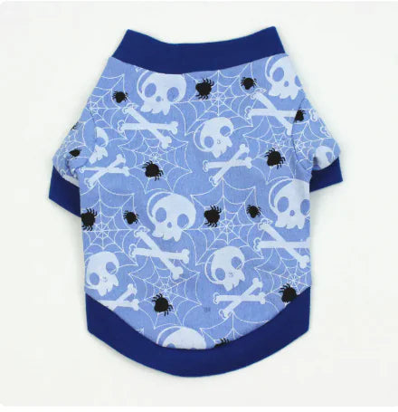 Blue pet shirt with skull and crossbones pattern on a white background