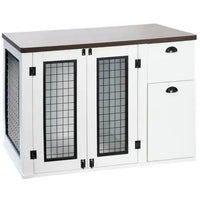 White cabinet with black grid doors on a white background