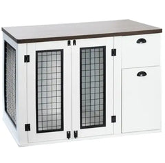 White cabinet with black grid doors on a white background