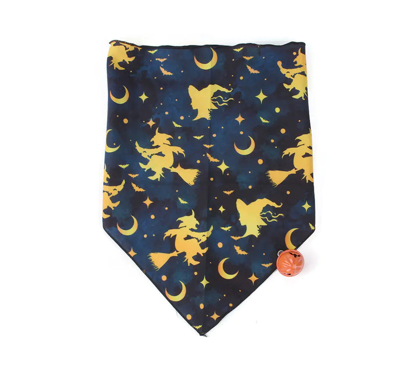 Halloween-themed dog bandana with yellow witches and moon patterns on a blue background.