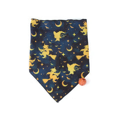 Halloween-themed dog bandana with yellow witches and moon patterns on a blue background.