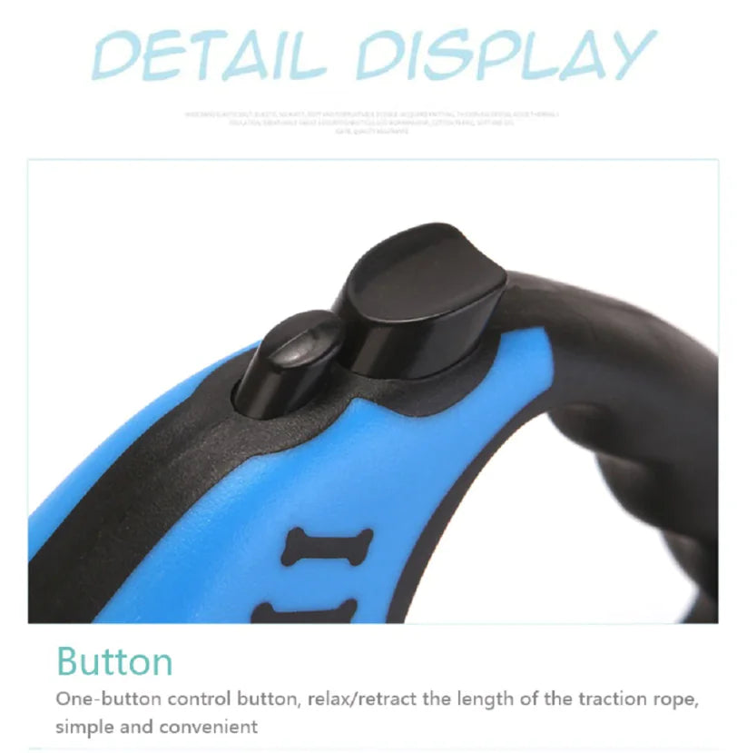 Blue and black control handle with button for retracting a traction rope, on a white background.