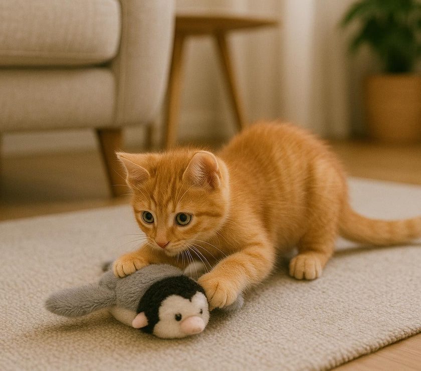 A playful orange kitten interacts with a plush penguin cat toy that features exaggerated eyes, sound and motion effects, and colorful musical notes to indicate interactive play.