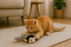 A playful orange kitten interacts with a plush penguin cat toy that features exaggerated eyes, sound and motion effects, and colorful musical notes to indicate interactive play.
