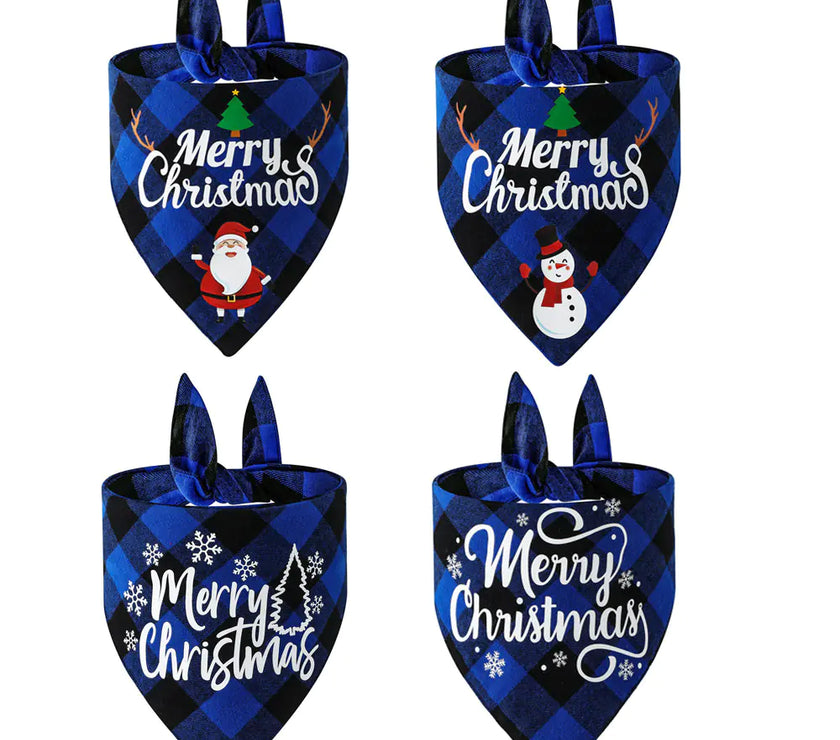 Four blue plaid Christmas-themed dog bandanas with festive designs on a white background.