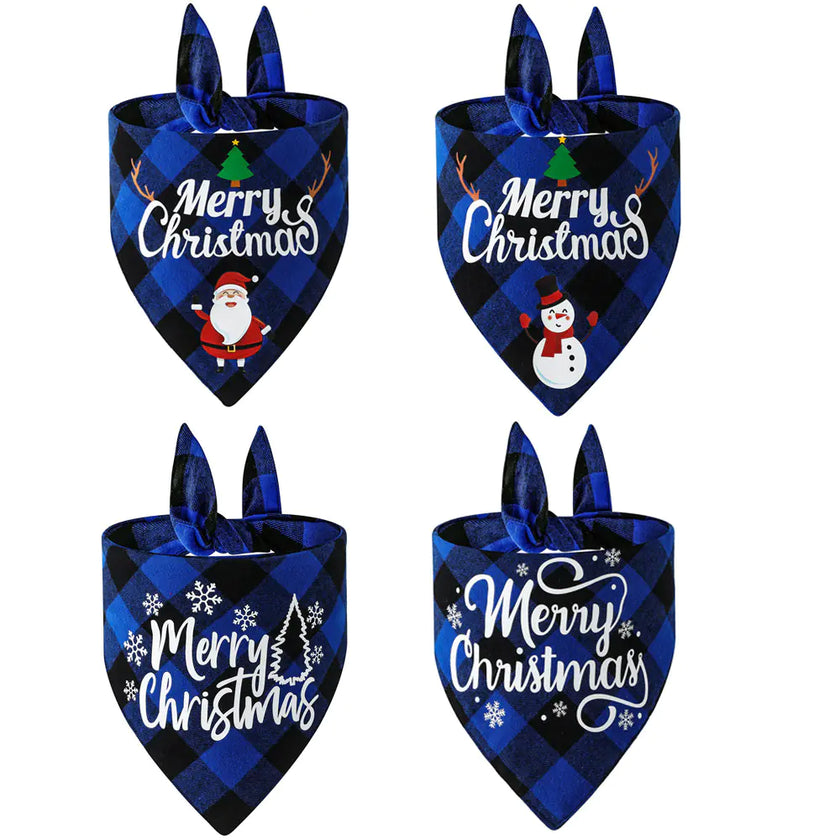 Four blue plaid Christmas-themed dog bandanas with festive designs on a white background.