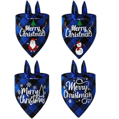 Four blue plaid Christmas-themed dog bandanas with festive designs on a white background.